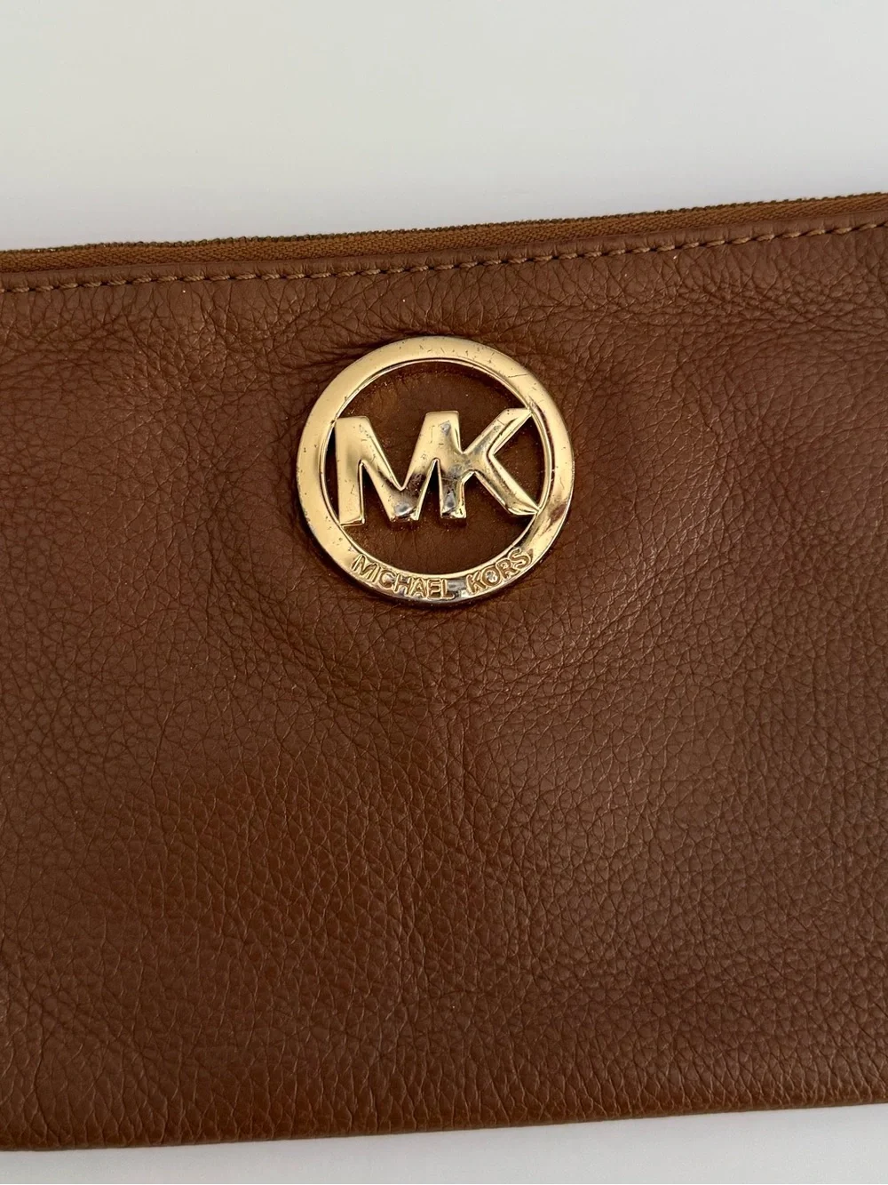 Michael Kors Chestnut Brown Leather Wristlet with Gold MK Logo